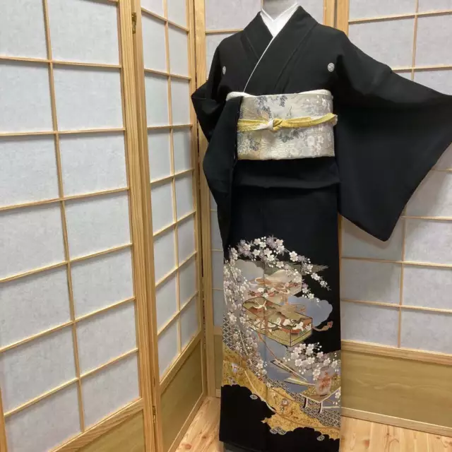8666# Japanese kimono Vintage Pure Silk Robe Black Kimono only sold 162cm