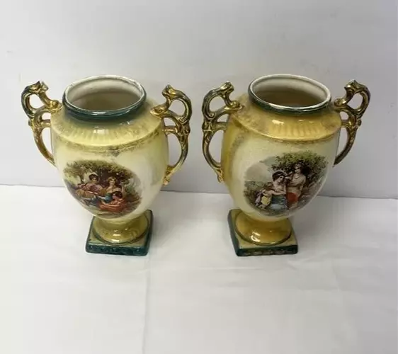 Pair of Large Portrait 2 Handled Pottery Vases approx. 12" H