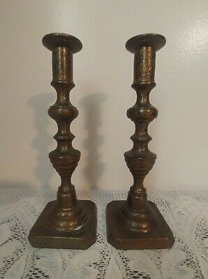 Antique Vtg Solid Brass Candlestick Holders Chiselled Design Heavy 9 1/4'' tall