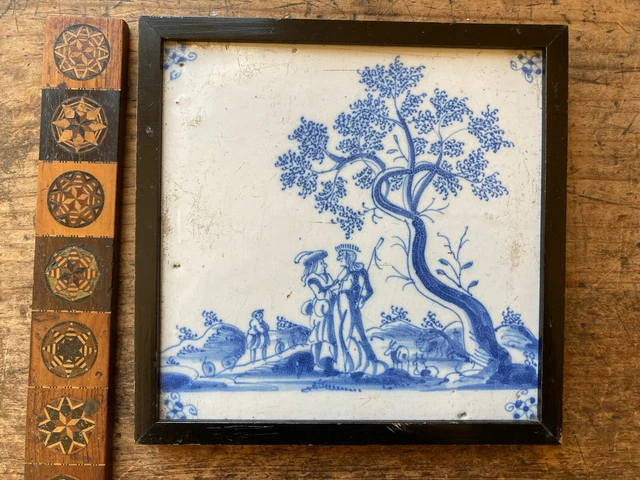 RARE! ANTIQUE 17th CENTURY DUTCH DELFT TILE couple under tree sheperd romance