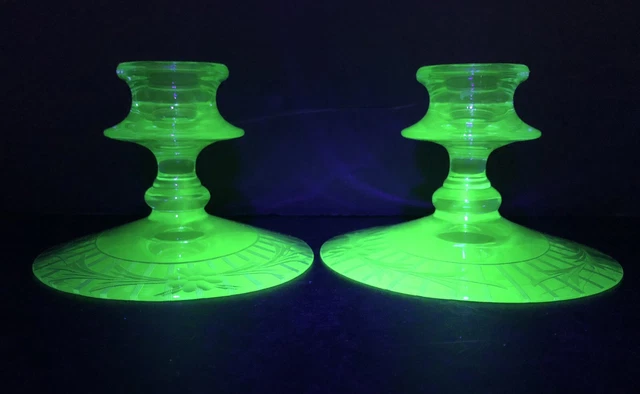A Pair Of Uranium Vaseline Glass Green Candle Holders