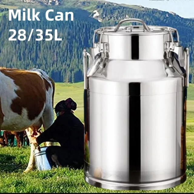 28/35L Milk Can Bucket Stainless Steel Milk Transport Cow Dairy Can w/Sealed Lid