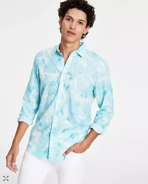 INC International Concepts Mens Andy Palm Print Long sleeve Shirt Blue Large