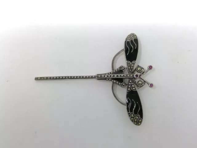 Large 3 1/4" Long Sterling Silver Dragonfly Brooch Pin - Marcasite & Black Onyx