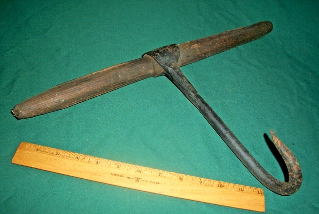 Antique Blacksmith Hand Forged 2-Hand Iron Hay / Meat Hook Primitive Farm Tool