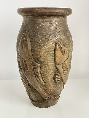 HAND CARVED WOODEN VASE FISH DESIGN 9 1/2in” OLD RUSTIC CARVING DECOR