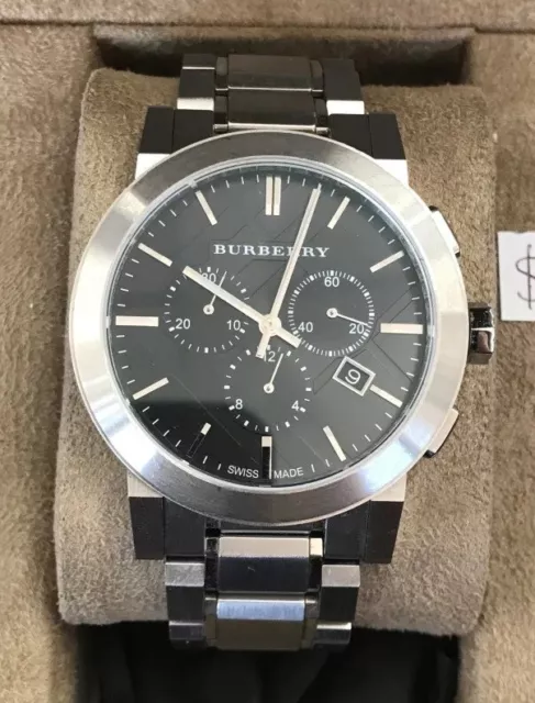 New Burberry Mens Watch Stainless Steel Silver Tone & Black Dial Bu9351 Genuine