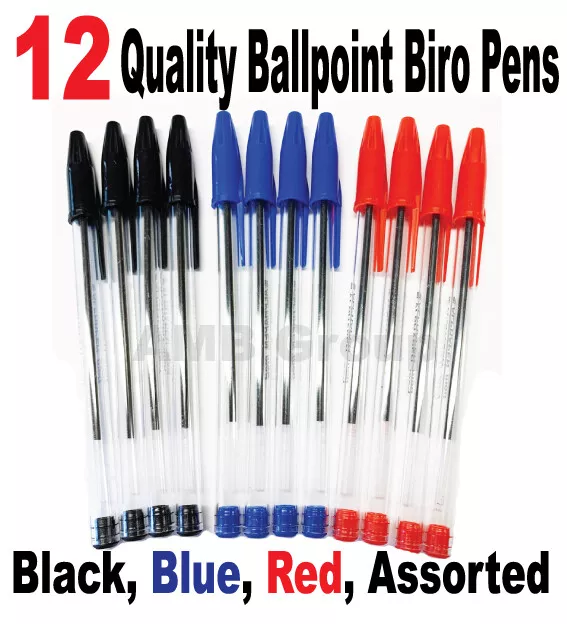 12 High Quality Ballpoint Biro Pens. Black, Blue, Red, Assorted Available Medium