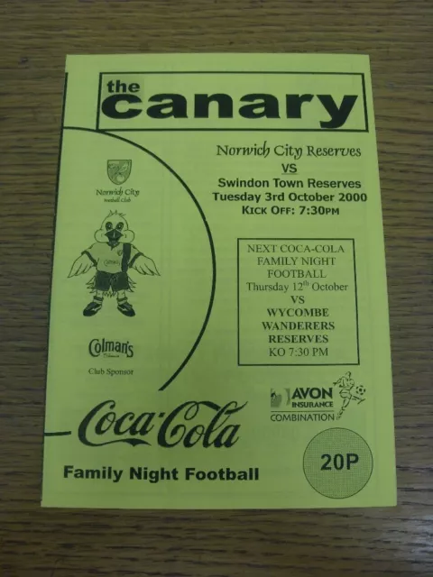 03/10/2000 Norwich City Reserves v Swindon Town Reserves  (4 Pages). Any faults