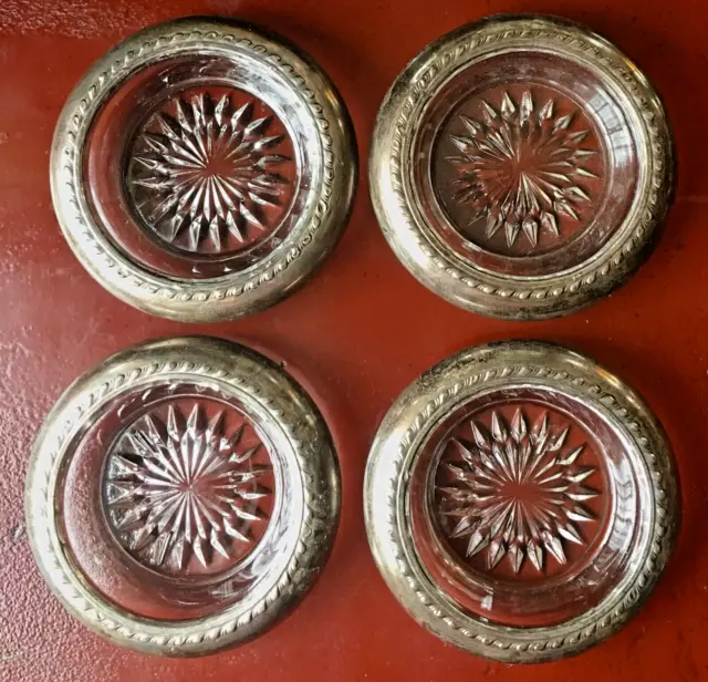 Set of 4 Vintage 4"  Silver Plate Rim Glass Coasters