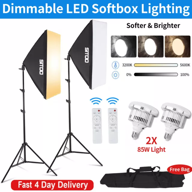 2x LED Softbox Lighting Photography Studio Dimmable 85W Soft Box Light Stand Kit