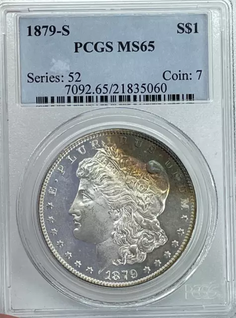 1879-S PCGS MS 65 Morgan Silver Dollar,Gorgeous toning.