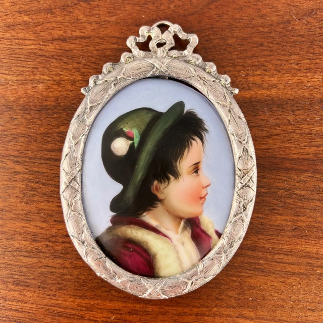 Early French Silver & Porcelain Hand Painted Portrait Of Child On Porcelain 1768