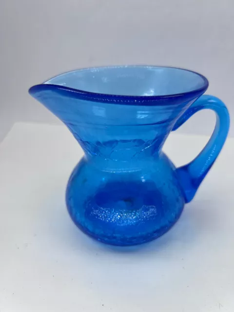 Cobalt Blue Crackle Glass Pitcher Applied Handle 4 X 5"  Hand Blown Vintage