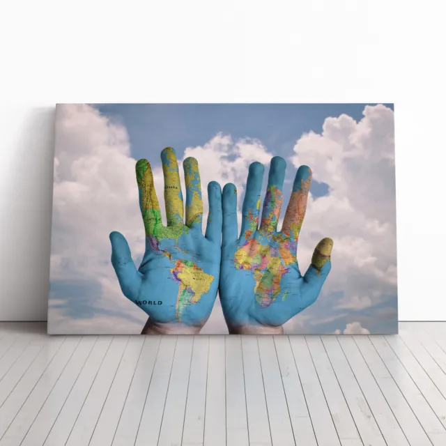 Globe Hands World Map Canvas Wall Art Print Framed Picture Decor Living Room