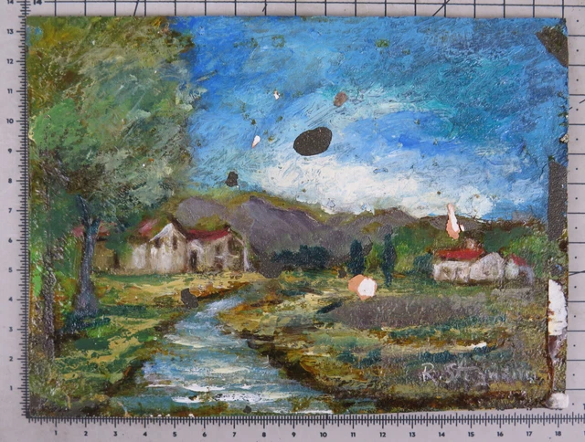 18x13 CM Pequeño Cuadro Paisaje Firmado Pintado Óleo En Mesa Vintage X13