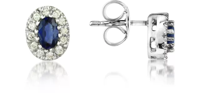 Royal Blue Oval Shape Sapphire With Bright White CZ Halo Stud Women's Earrings