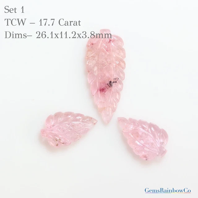 Intagliato Foglia Tormalina Set Di 3 Pezzi, Pietra Set, Rosa