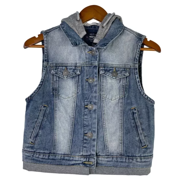 Silver Jeans Co. Saylor Cropped Denim Vest With Knit Hood Blue Women's M NWT