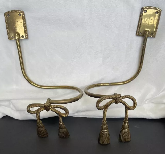 Pair Vintage Hollywood Regency Brass Bow With Tassels Curtain Drapery Tiebacks