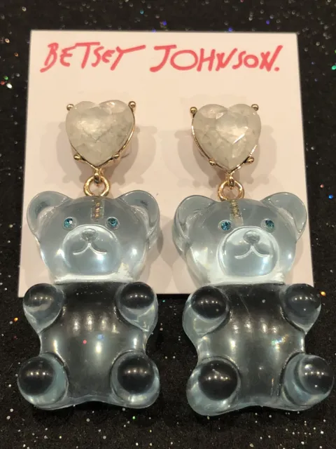 Betsey Johnson Baby Blue Gummy Bear Earrings With White Heart Crystals