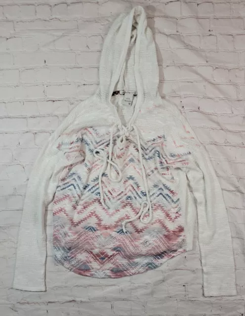 American Rag Cie Women Sweater Medium White Striped Crochet Hooded Boho Pullover