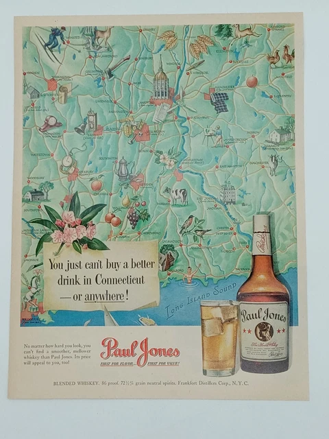 1950 Paul Jones Whiskey Connecticut Map Vintage Print Ad