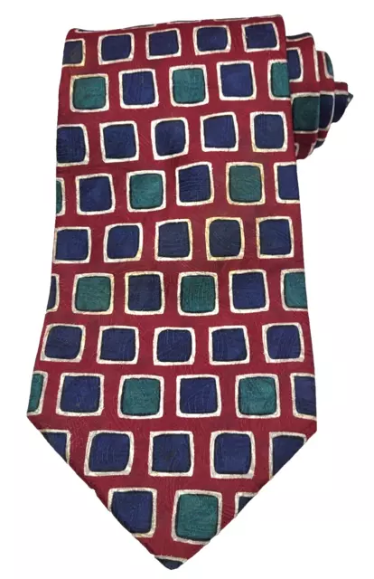 Paolo Gucci Mens 100% Silk Tie Red Geometric Squares Blue Green 60 x 3.75