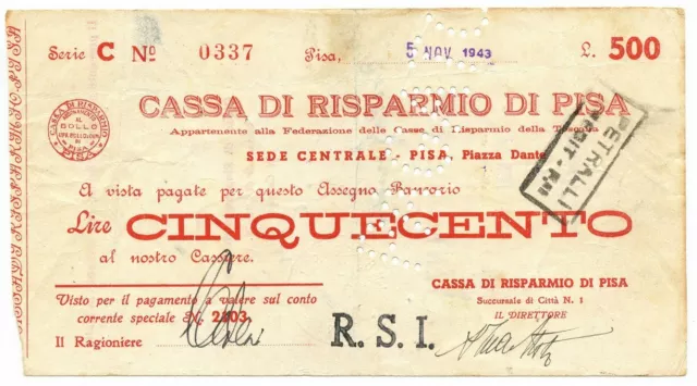 500 LIRE CASSA DI RISPARMIO DI PISA ASSEGNO A TAGLIO FISSO RSI 05/11/1943 qBB