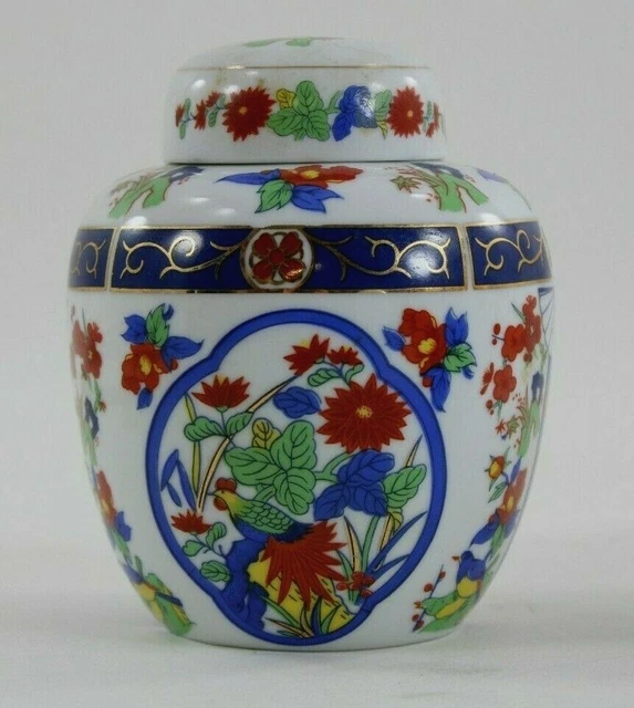Vintage Flower China Decor Jar Urn Blue Red Yellow Green W/ Lid approx 4.5" Tall