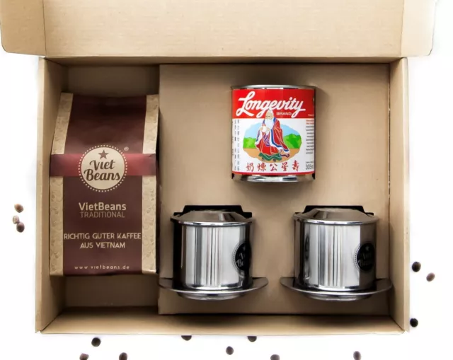 VietBeans Geschenkset - Kaffeegeschenk - 250g Kaffee + 2 Filter + Milch 2