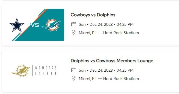 Miami Dolphins vs Dallas Cowboys w/VIP Sec 341,Row 26 -  2 tixx  ☆ 12/24/2023 ☆