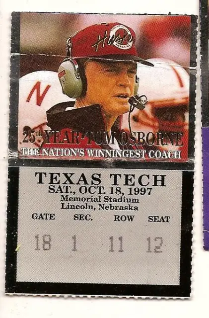 1997 Oct 18th Ticket Stub Texas Tech @ Nebraska NCAA College Football