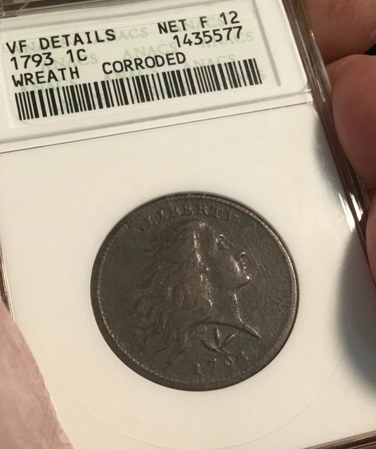 1793 S-9 Flowing Hair Wreath Cent ANACS VF detail net F12
