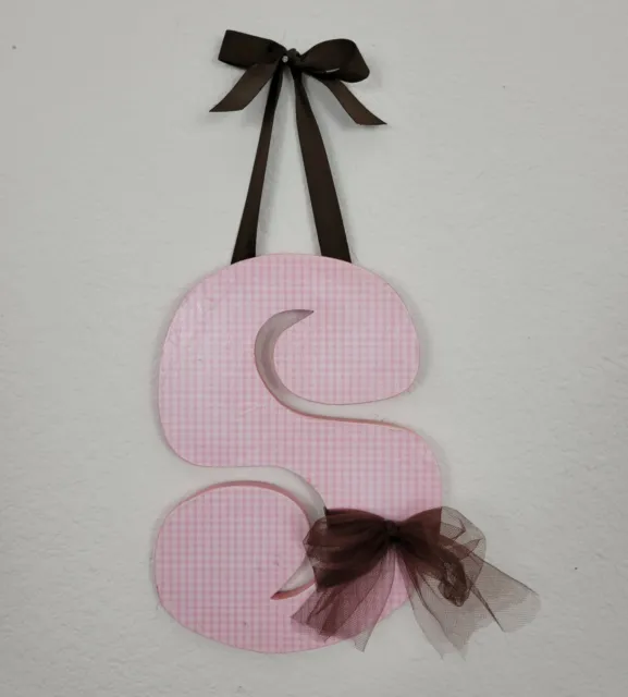 8.5" S Letter Baby Shower Girls Nursery Pink Brown Bows Wall Wood Hanging Decor