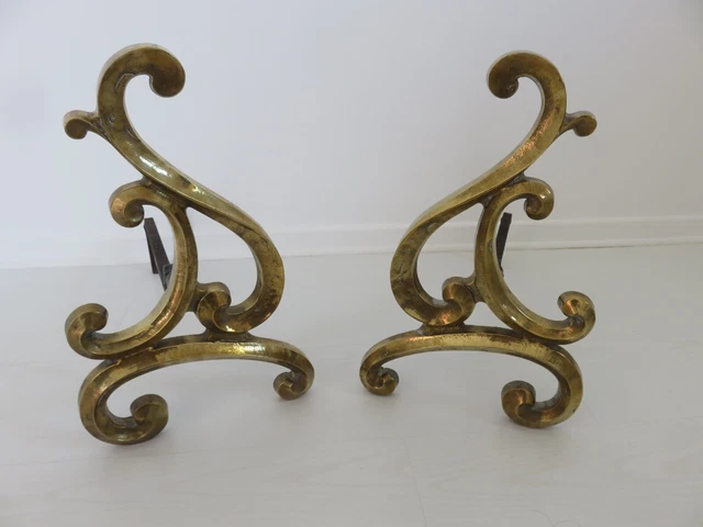 Paire De Grands Chenets Art Nouveau En Bronze Massif