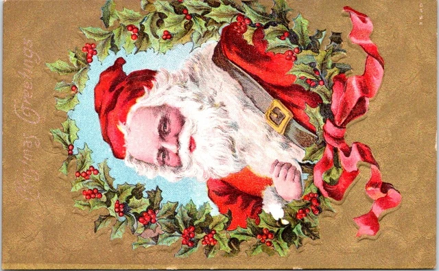SANTA Portrait Inside Wreath, CHRISTMAS Greetings Postcard - 3520