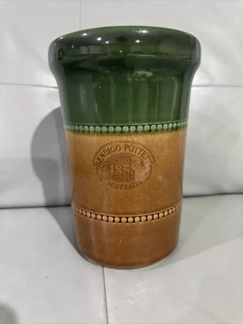Bendigo pottery green and tan, rare large vase large 22cm tall