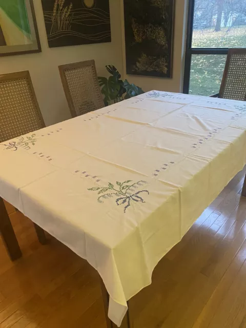 78" Vintage 1940s Hand Embroidered Floral Cross Stitch Cotton Tablecloth  60x78"