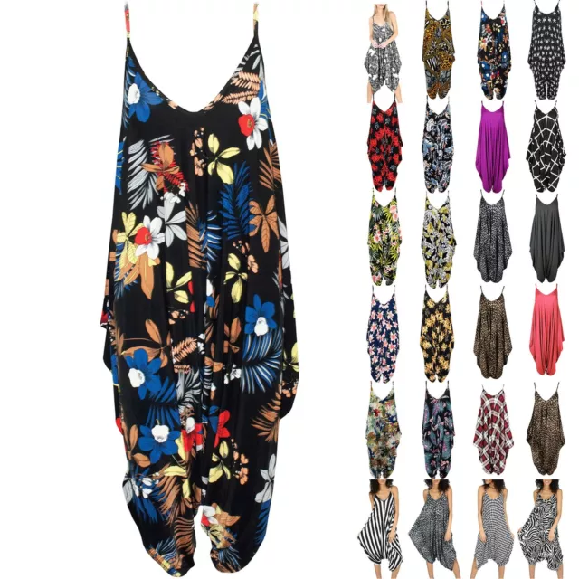 Womens Ladies Floral Print Thin Strappy Playsuit Lagenlook Baggy Harem Jumpsuit