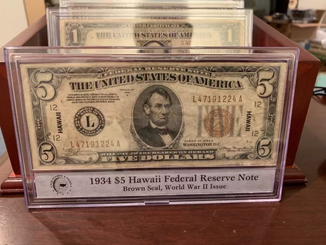1934-A $5 FRN Hawaii  VF Federal Reserve Note Brown Seal World War II Issue