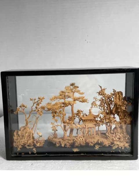 Vintage Chinese Cork Art Carving Gazebo Scenery in Glass Box