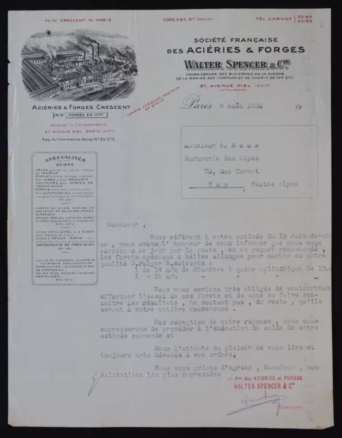 Billhead Facture PARIS 1932 Aciérie forge WALTER SPENCER  illustrée 130
