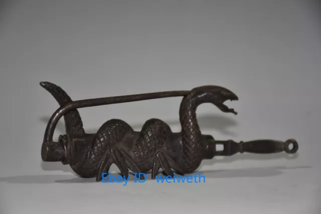 Exquisite Chinese Old Style Bronze Carved Snake Shape Lock and Key