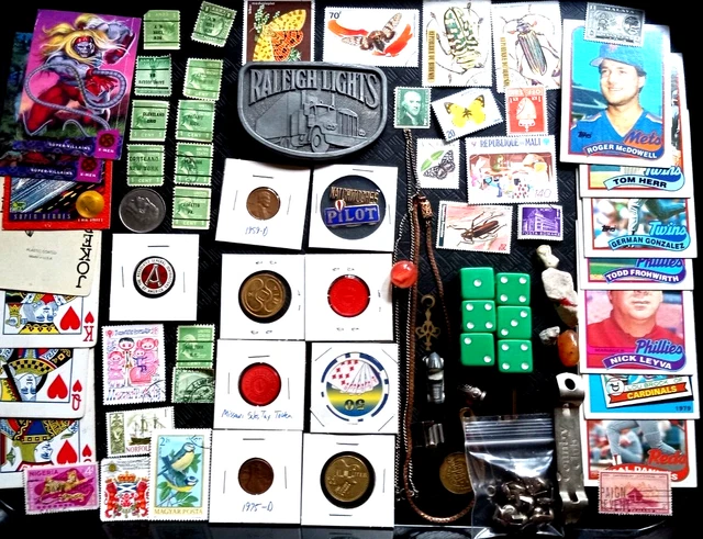 Vintage Estate Junk Drawer Lot-Coins Cards Stamps Tokens & Dice