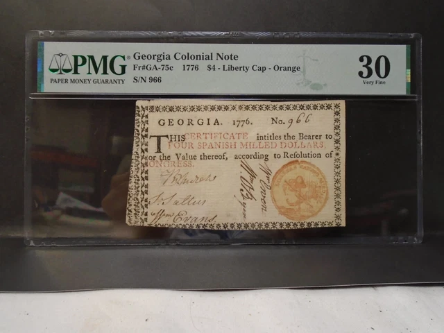 PMG 30 FINE, 1776 Georgia Colonial Note Fr#GA-75c 1776 $4-Liberty Cap-Orange