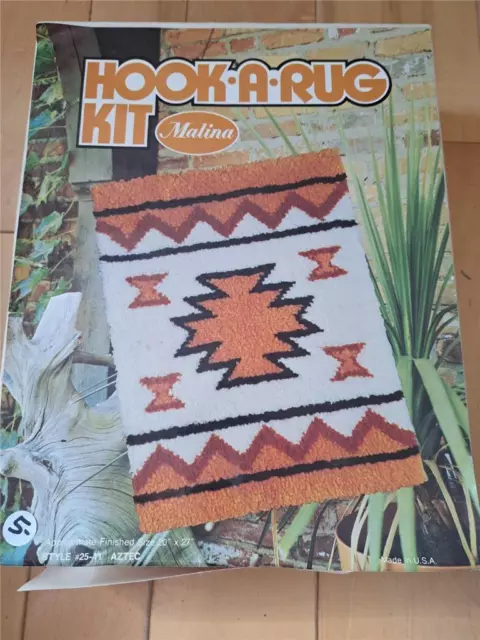 Vtg Hook A Rug Kit Marina Latch Hook Aztec 20" X 27" When Completed, Unused