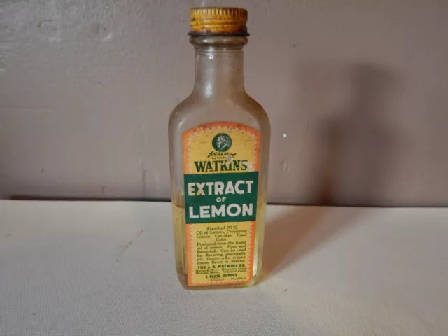 Vintage J.R. WATKINS Extract of Lemon 2 Fl. Oz Glass Bottle w/Paper Label~#1
