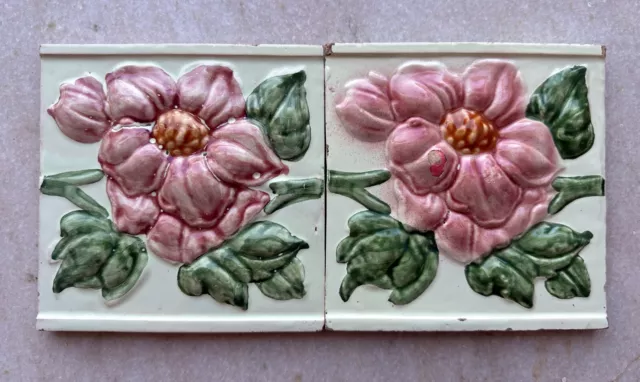 Antique Old Rare Original 2 Piece Majolica Floral Art Japanese Ceramic Wall Tile