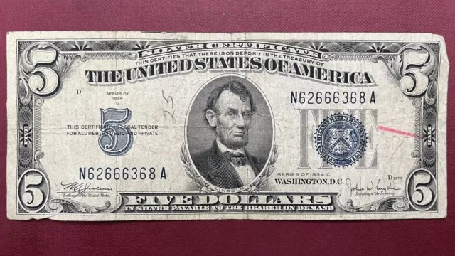 1934 C Five Dollar Silver Certificate $5 Bill Blue Seal Note Circulated #59012